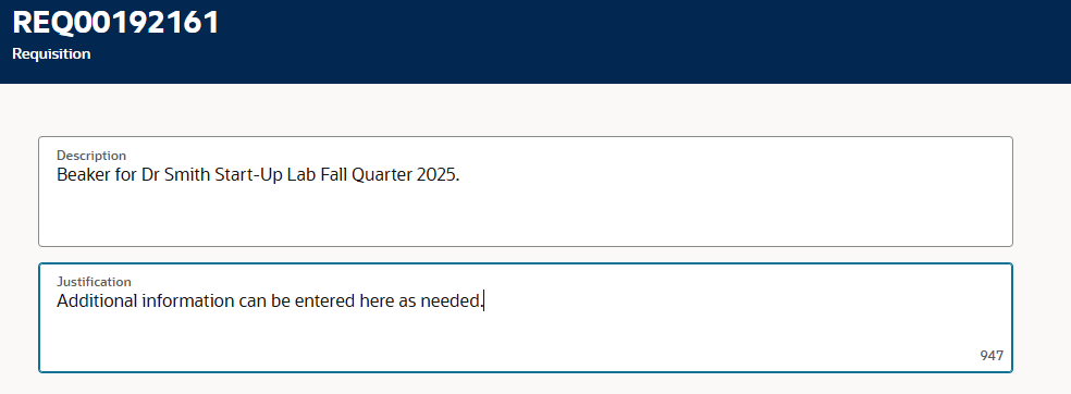 Screenshot of Aggie Enterprise Cart Checkout Screen with Description and Justification fields