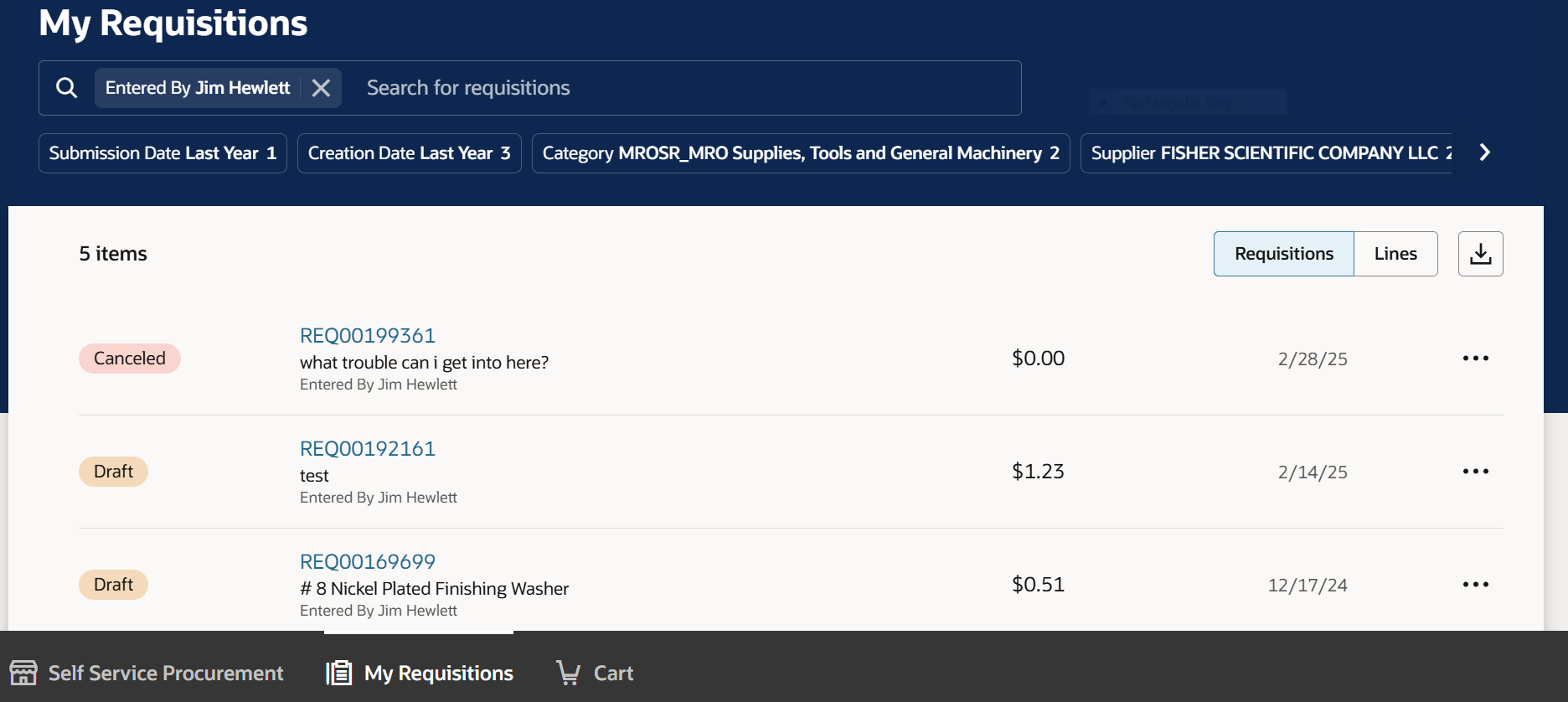 Updated Requisitions User Interface Screen in Aggie Enterprise Summer 2025: My Requisitions Screen Header Info