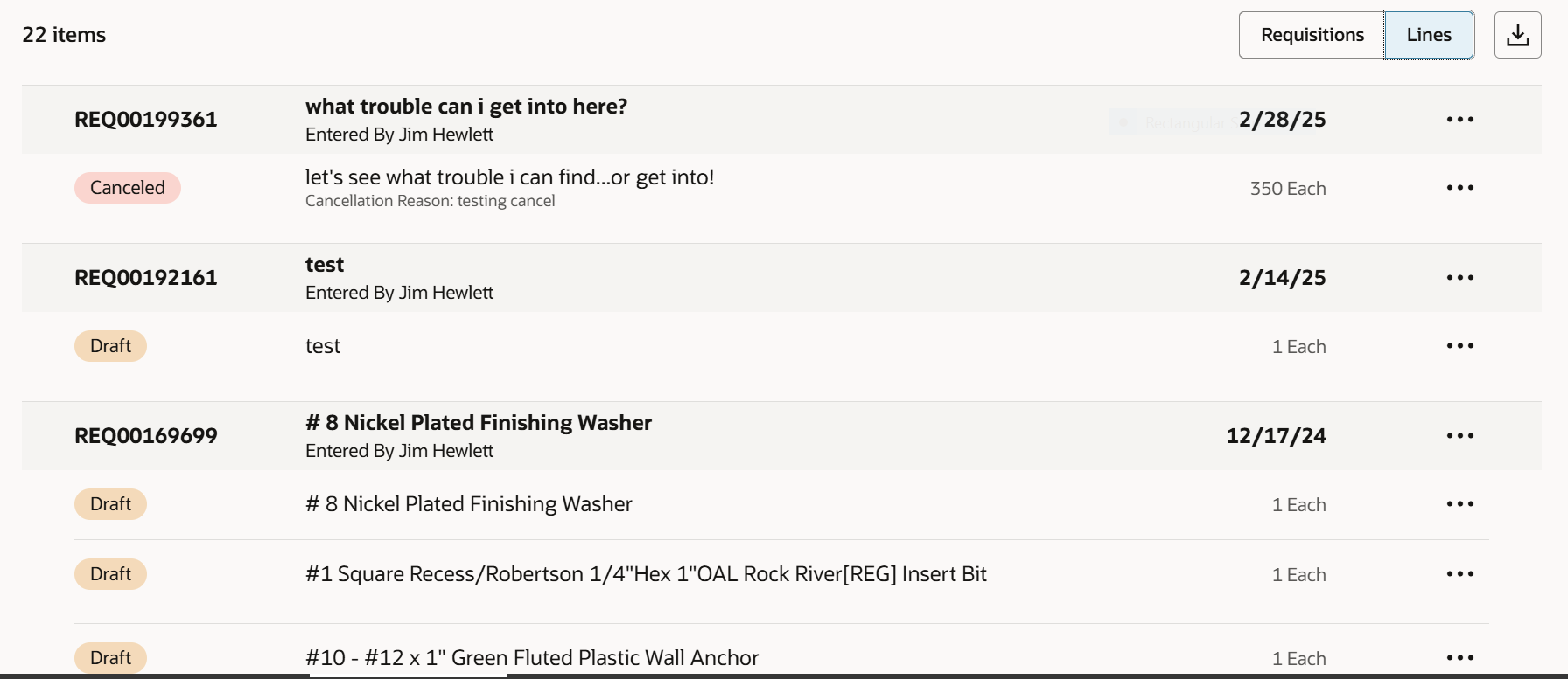 Updated Requisitions User Interface Screen in Aggie Enterprise Summer 2025: My Requisitions Screen Line Item Info