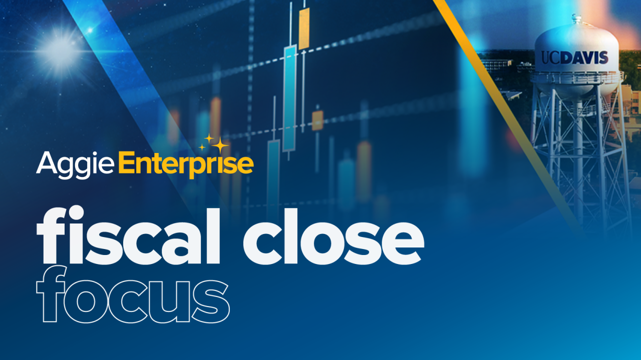 Decorative illustration with title of Aggie Enterprise Fiscal Close Focus
