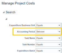 Search fields on Manage Project Costs screen with Box around the Accounting Period field.
